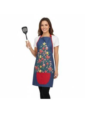 Hatley Festive Denim Apron Christmas Tree Pocket Kitchen Cooking Baking Blue Red